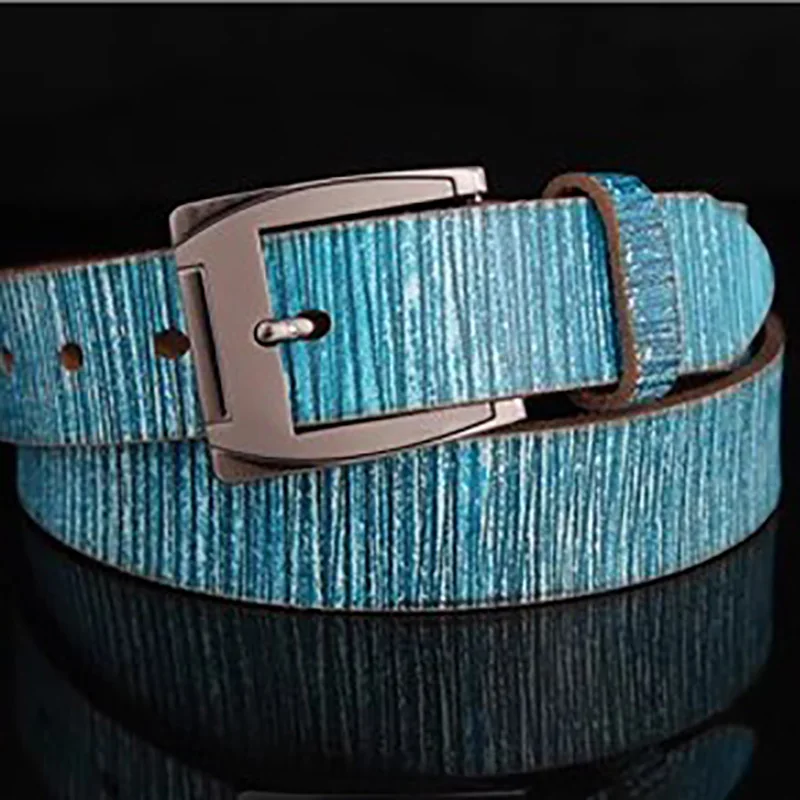 Genuine Leather Unisex 3.5 cm wide Cow Skin Belt Women Blue Jeans Color Vintage Style Silver Pin Buckle Adjustable Length