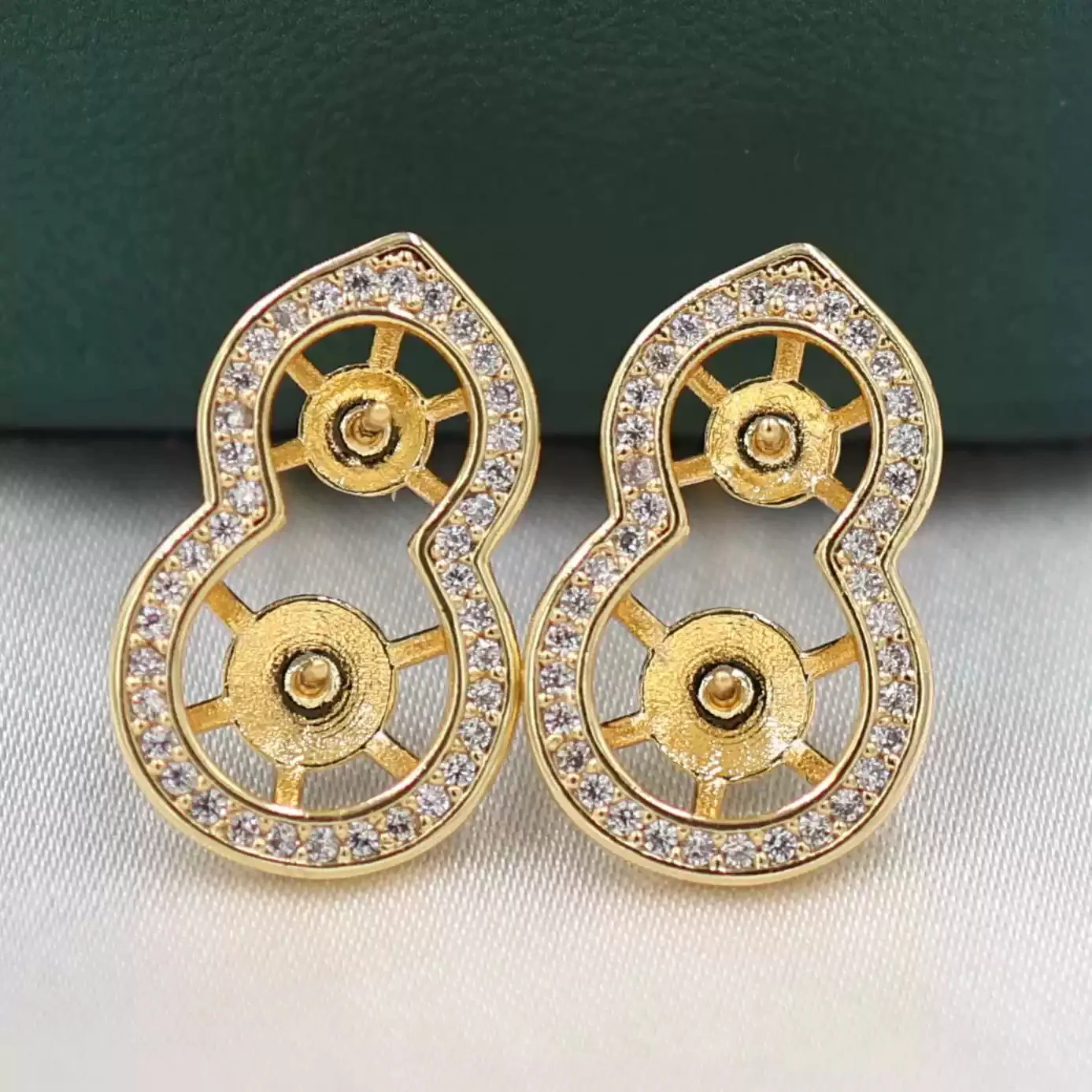 Real Gold Plated Brass Double Pearl Gourd S925 Silver Needle Base Women DIY Pearl Earring Supplies For 5-8mm Pearls