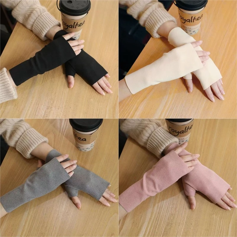 Women Velvet Fingerless Gloves Winter Warm Fleece-Lined Work Half-finger Hand Gloves Artistic Retro Style Solid Color Mittens