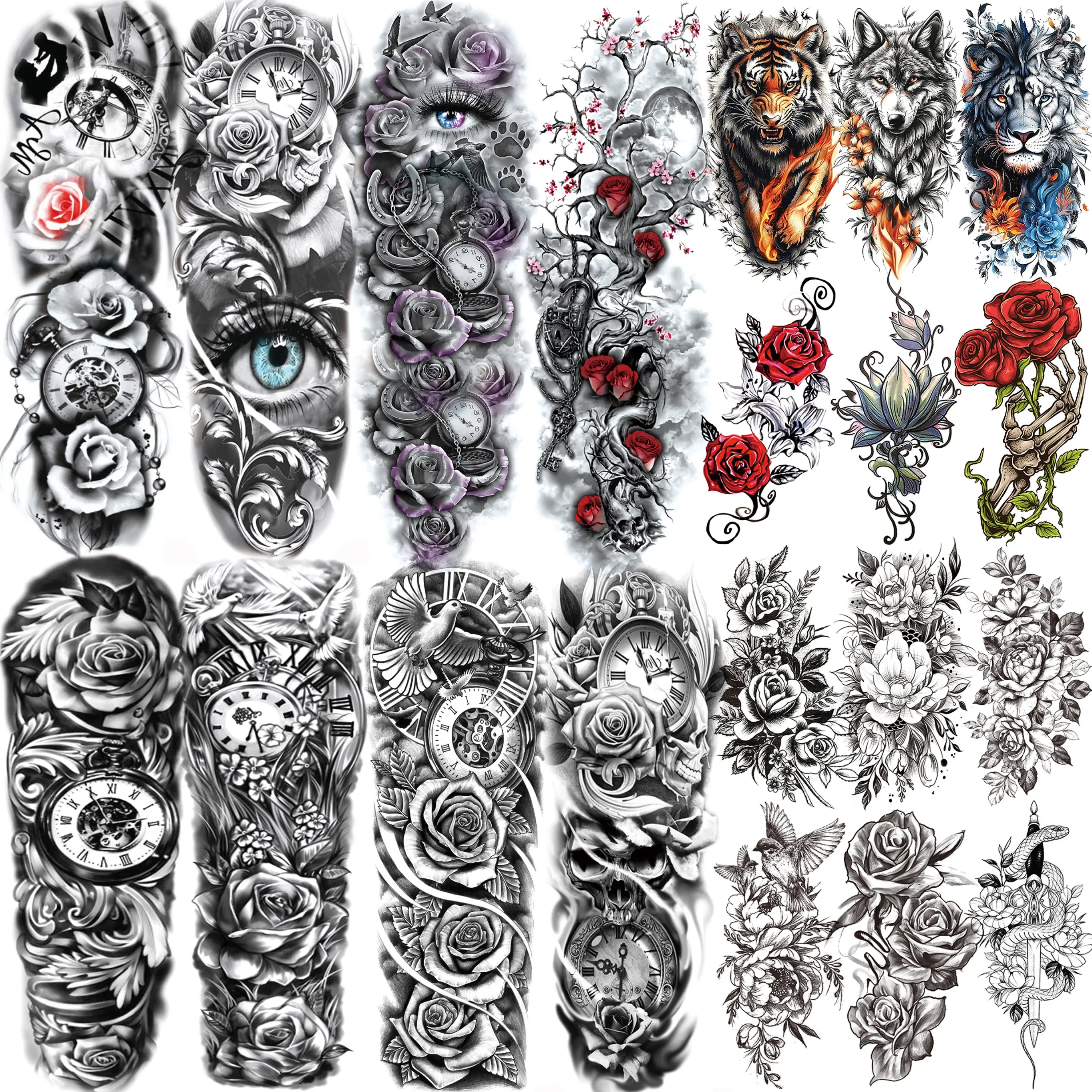 1 Sheet Full Arm Sleeve Temporary Tattoos For Women Girls Fake Flower Compass Peony Rose Tattoo Sticker Sexy Body Art Painting