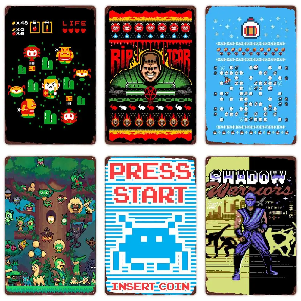 Classic Pixel Games Vintage Retro Metal Tin Sign Old Games Art Poster Space Pixel Game Plaque for Home Room Club Bar Wall Decor