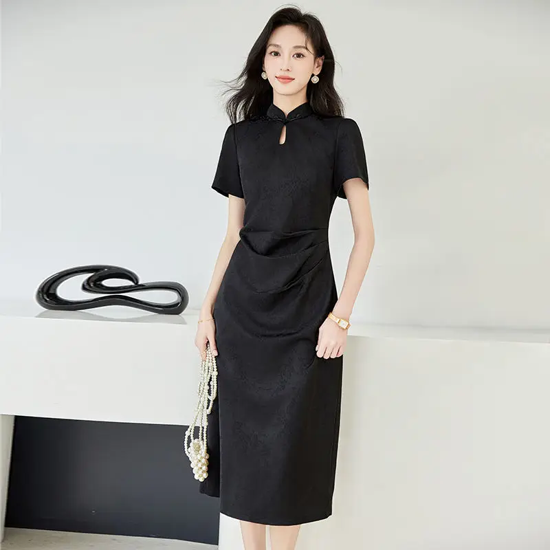 VICTORIA&VERA  Chinese cheongsam slim dress 2024 autumn black  dress   black dress  long dresses for women