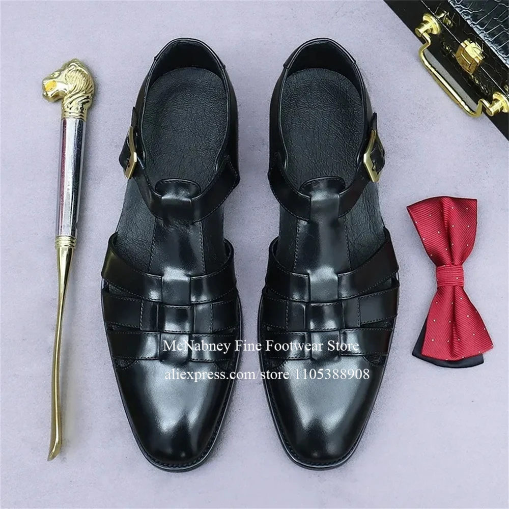 Classic Men Leather Sandals Shoes Strappy ankle buckle fisher man sandals British Style Dress Sandals for men plus size - view 5
