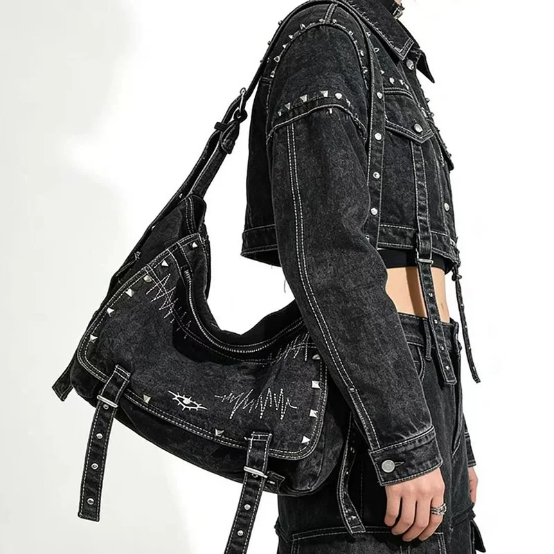 Y2K Millennium Rivet Denim Bag, Large Capacity Crossbody Bag for Women, Black Fashion Handbag & Accessory