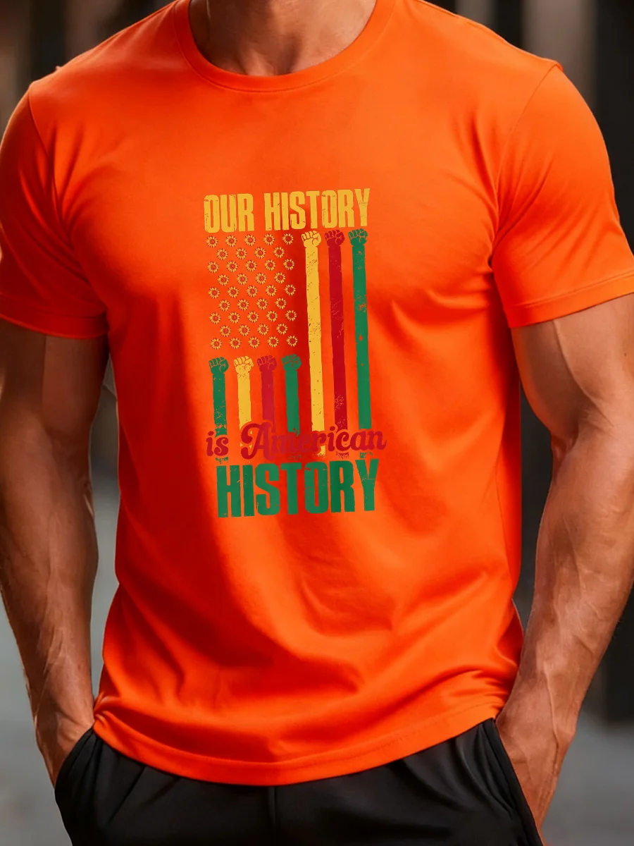 

Orange Short Sleeve T-Shirt with "Our History is American History" Graphic Print