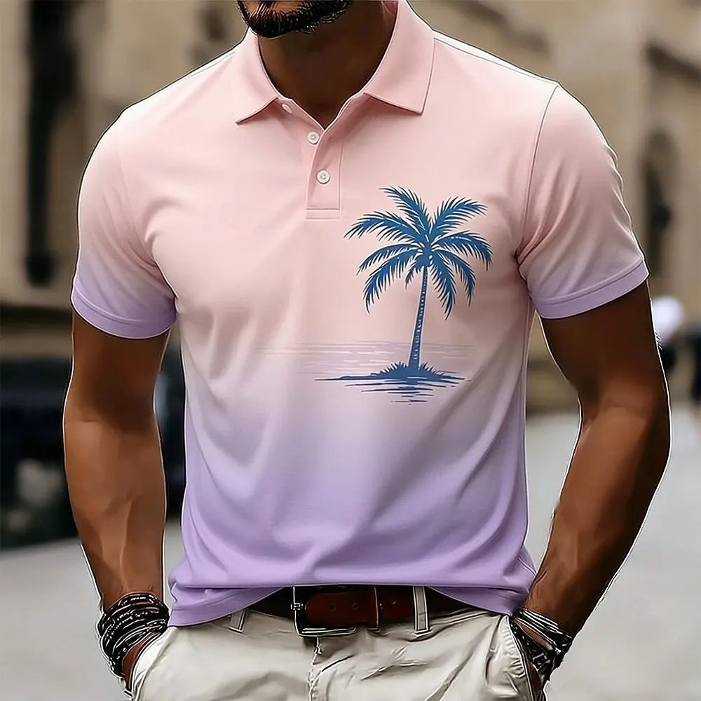 Men's Pink Blue Gradient Palm Tree Print Polo Shirt, Casual Tops For Spring Summer Daily Streetwear Beach Vacation Occasions