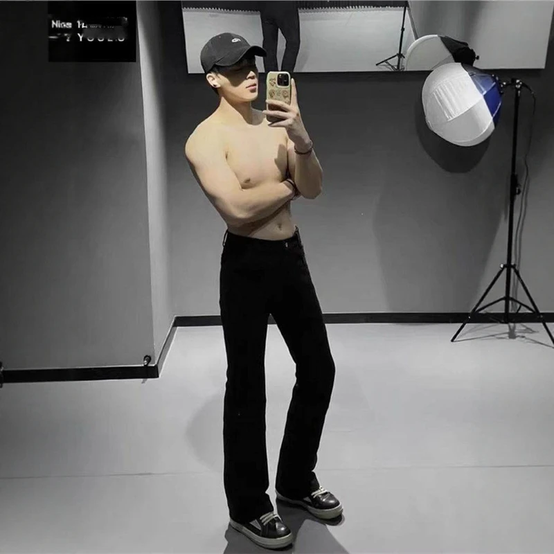 Slim Fit Men's Jeans High Waist Straight Leg Extended Length Tall Size Spring Autumn Slimming Effect Nine Point Flared Pants