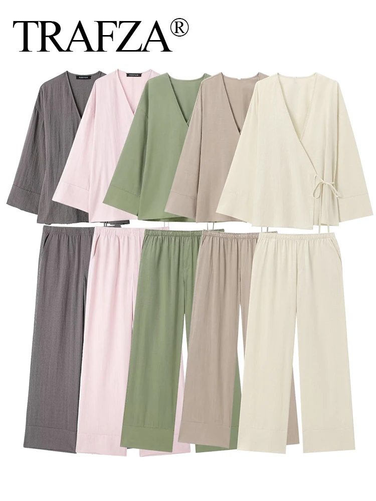 TRAFZA Women Solid Lace Up Textured Shirt Pants Set Long Sleeve V-neck Shirts+Loose High Waist Wide Leg Trousers Outfit traf