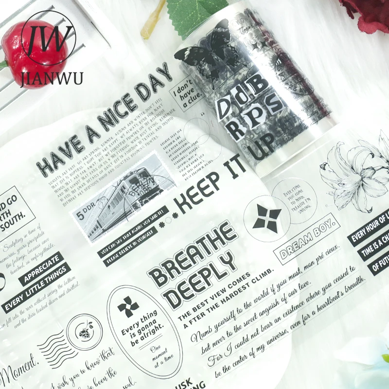 JIANWU 60mm*200cm Vintage English Text Flower Butterfly Landscape Material Collage PET Tape Creative DIY Journal Stationery