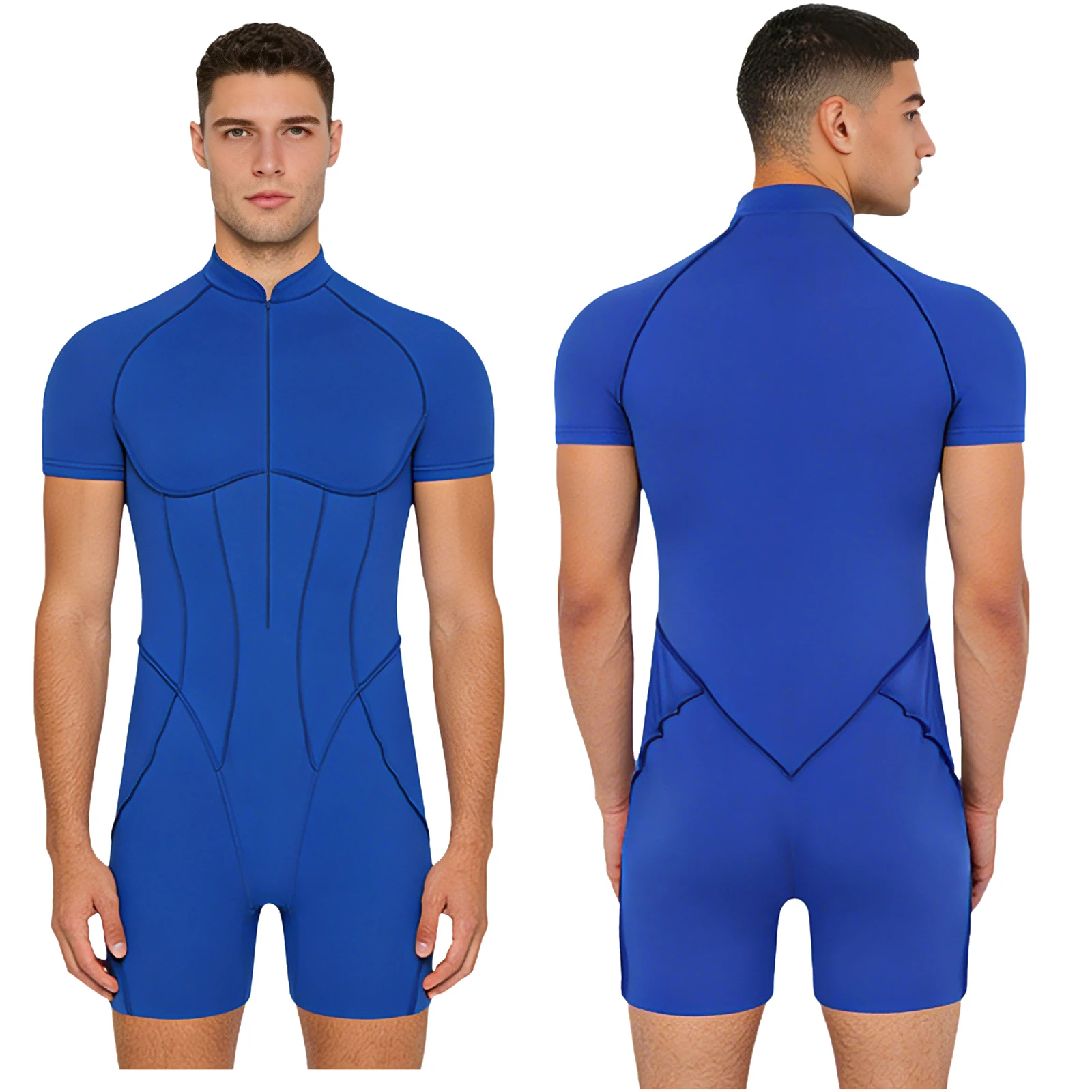 Men Short Sleeve Zipper Workout Bodysuit One-piece Bodybuilding Shapers Cycling Swimming Running Fitness Sports Boxer Jumpsuit