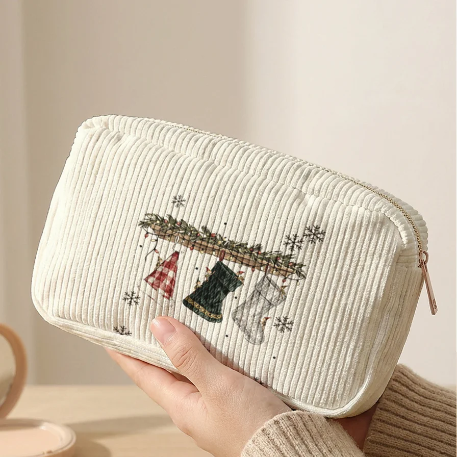 Vintage Christmas Cosmetic Bag Corduroy Christmas Sock Snowflake Print Zipper Pouch Travel Makeup Storage Bag Christmas Gift