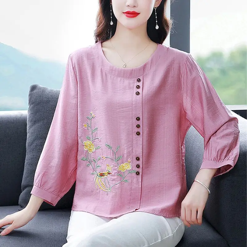 Simplicity Office Lady Summer Women\'s Solid O-Neck Embroidered Button Temperament Casual Versatile Loose 3/4 Sleeve Shirts Tops