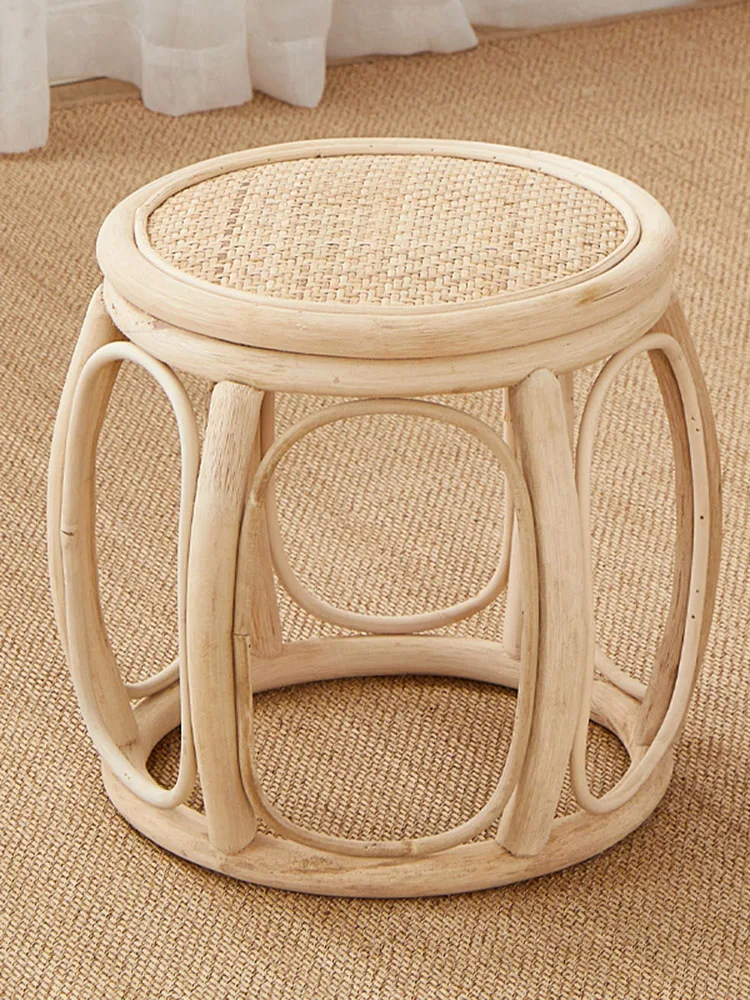 

Furniture Rattan Woven Round Stool Mobile Living Room Entrance Changing Shoes Bench Creative Plant Vine Drum Stools Customized