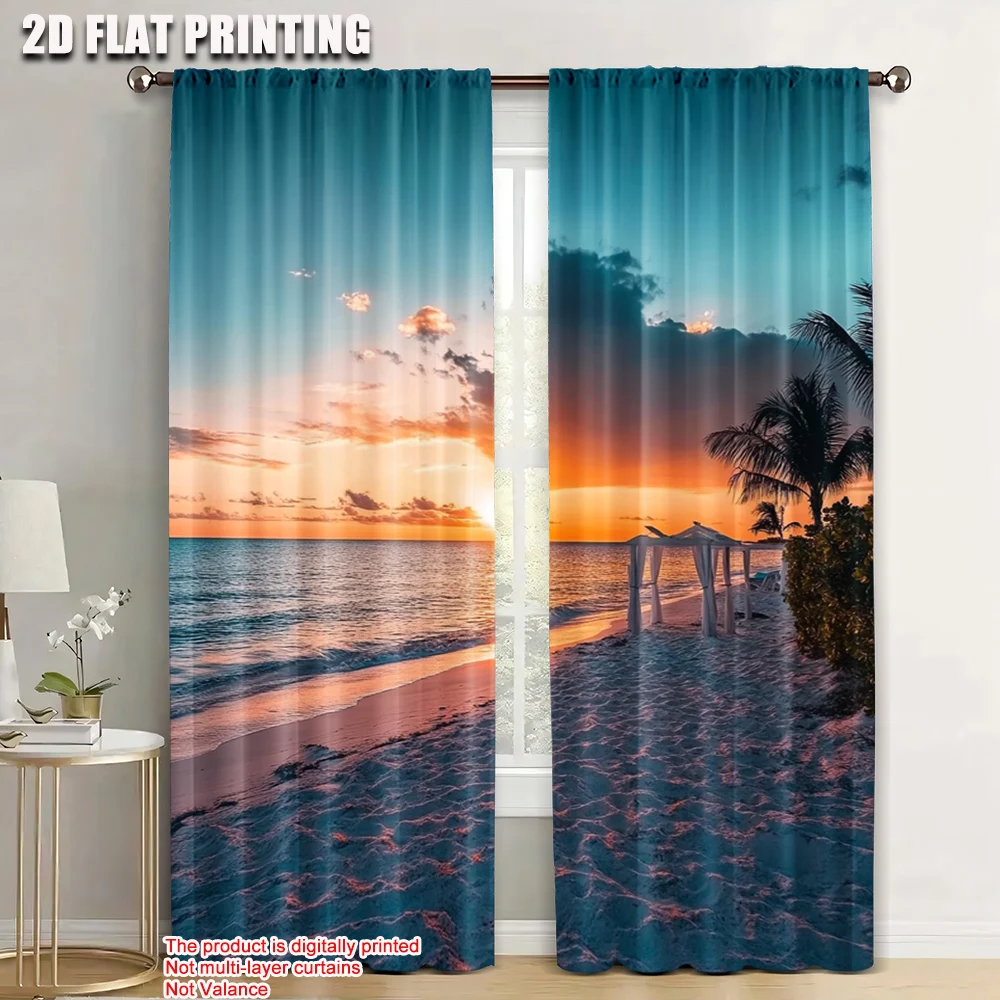 

2pc, Window Curtains beach Versatile 100% Polyester,Without Electricity Festive Wall Decor Perfect for aesthetic room decor