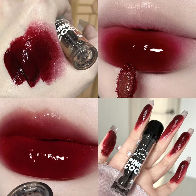 Dark Red Brown Mirror Lip Glaze Water Light Moisturizing Non-stick Cup Highly Pigmented Red Liquid Lipstick Lips Makeup Cosmetic