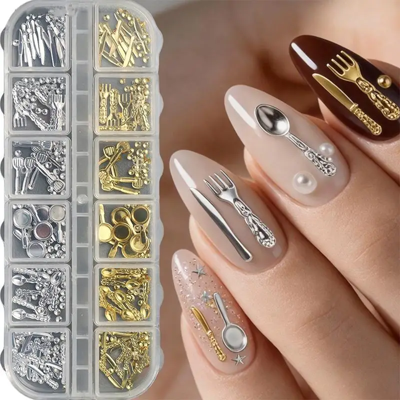 New Sale 12Grids/Box Mix Metal Small Fork Spoon Nail Charms Gold Silver Nail Accessor Tableware Series Fork Nail Accessor Parts