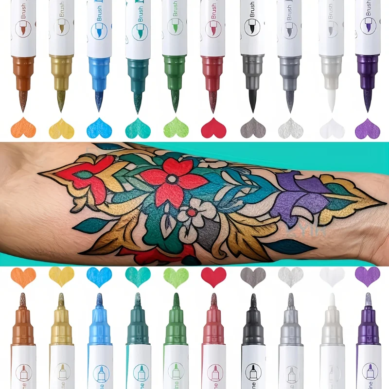 Tattoo Pen Set 10PCS Dual Tip with 4 Stencils Waterproof Sweat Resistant Easy Wash Off DIY Body Paint Party Festival Gift