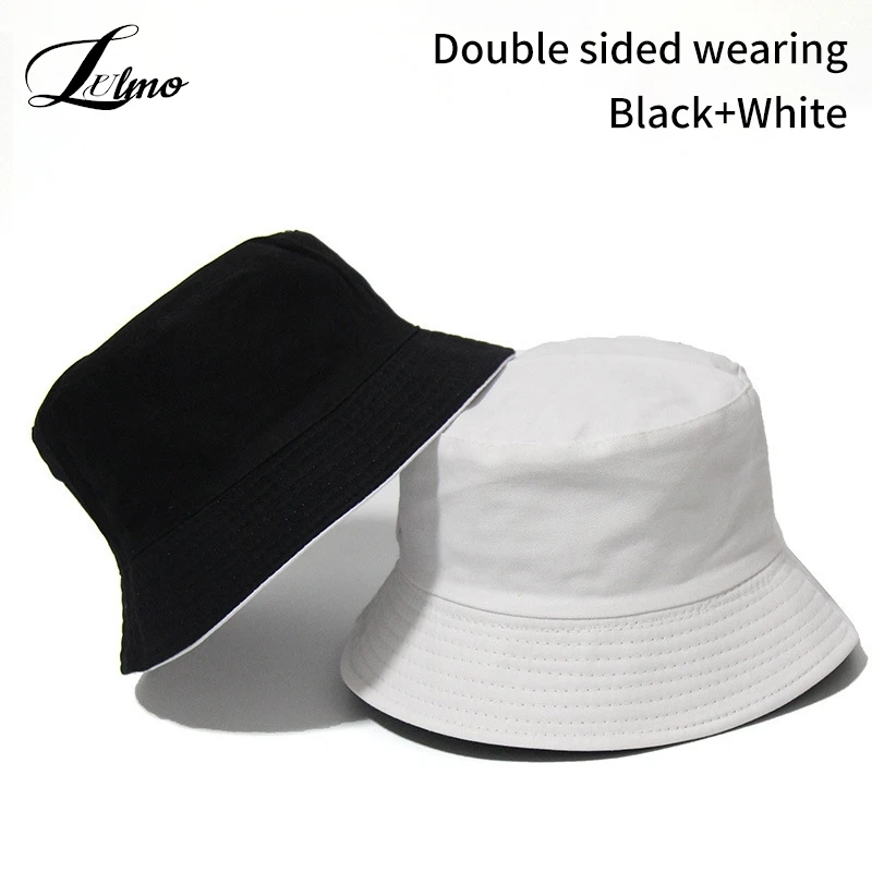 Black Solid Dots Bucket Hat Two Side Wear Unisex Simple Bob Caps Hip Hop Gorros Men Women Panama Cap Beach Fishing Boonie Sunhat