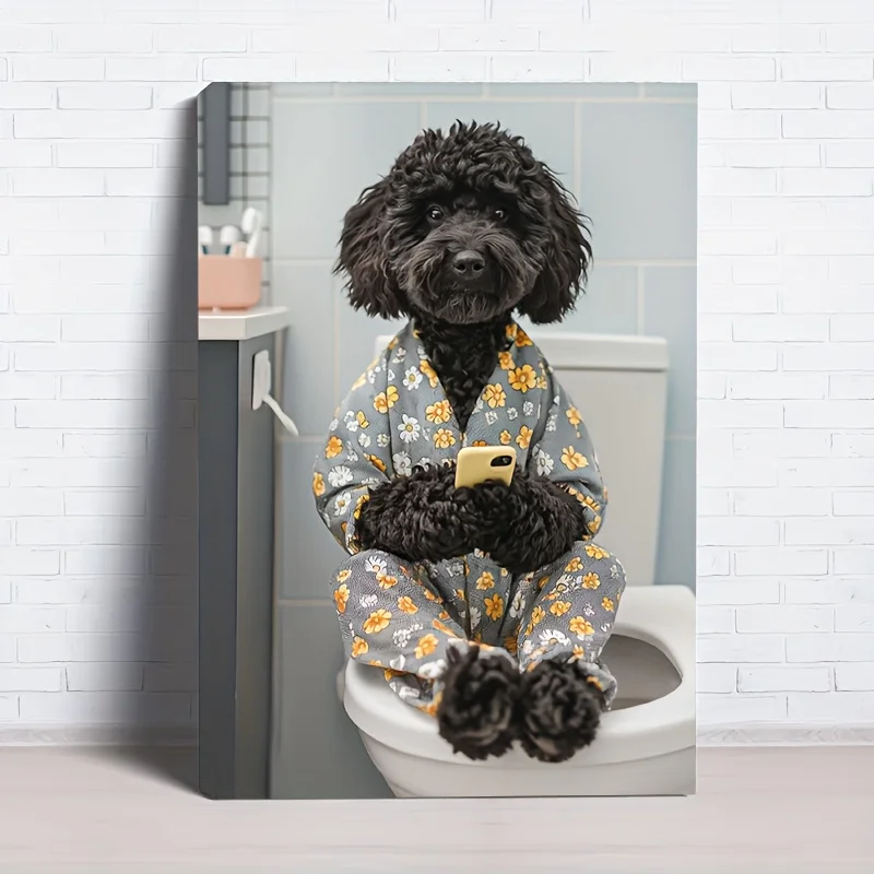 Funny Black Goldendoodle On Toilet Canvas Wall Art - Framed Decorative Print Living Room & Bedroom, Perfect For Christmas