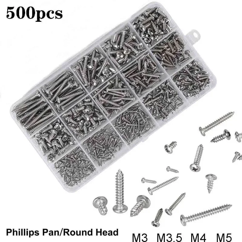 

500pcs Stainless Steel Assorted Pan Phillips Head Self Tapping Screws M3 M3.5-M5 Wood Screw Fastener Tools