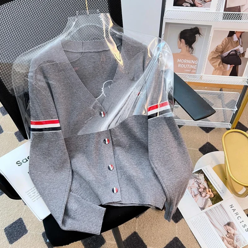 2024Autumn and Winter New Sweater Coat Women's Cardigan White Preppy Style Striped Color Matching Sweater Thickened Outer Tops