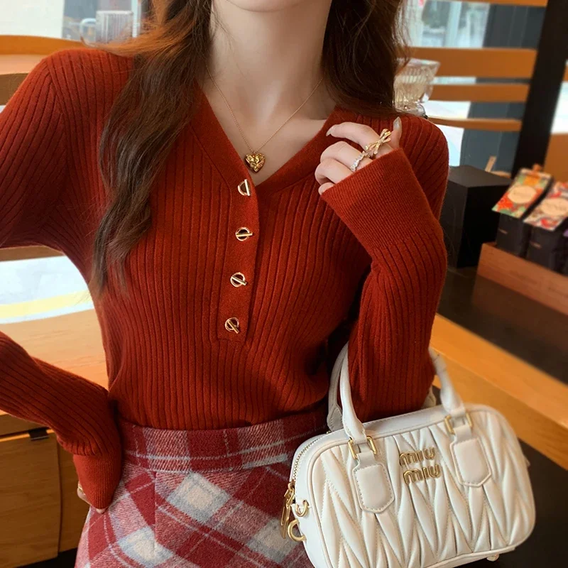 2024 Jesienno-zimowe swetry damskie Casual Slim Button Knitted Pullover Sweater Femme Basic Solid Jersey Tops Fashion Clothes