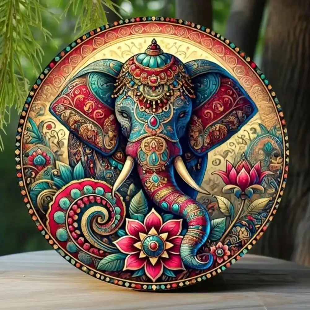 Vintage Indian Ivory Elephant Mandala Metal Sign - Lotus Floral Design, Home Room Wall Decor