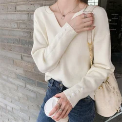 2023 New Autumn Women Sweater V-Neck Long Sleeve Knitted Sweaters Solid Korean Basic Casual Jumper Bottoming Pullovers Top