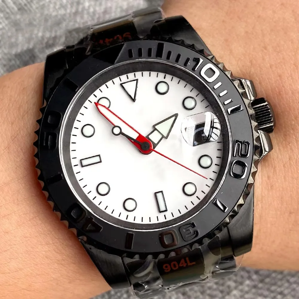 

200M Waterproof Black PVD Case 40mm White Dial NH35 Movement Mechanical Automatic Diving Mens Watch Steel Strap Black Date