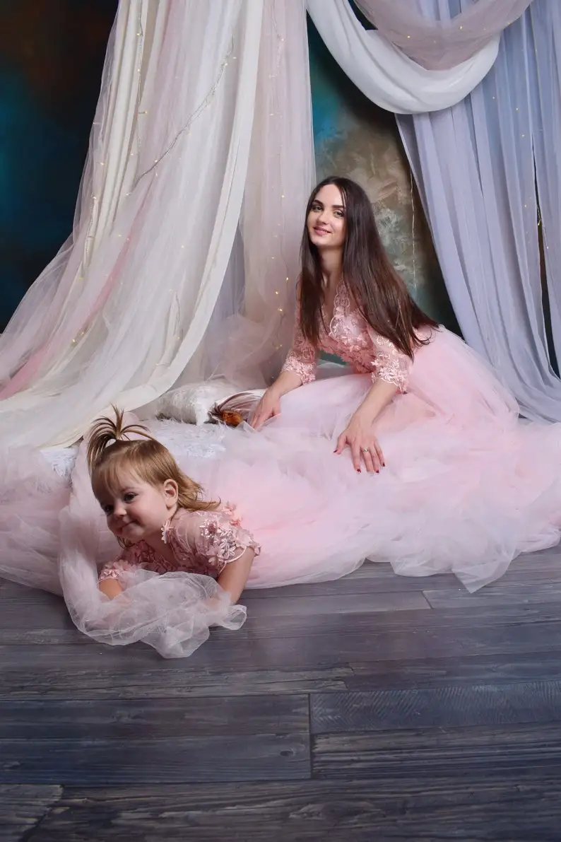 Baby Pink Lace Tulle Mommy and me Dress Elegant Mother Daughter Matching Dresses for photo shoot or First Birthday Party 2023