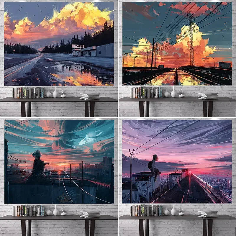 

Tapestries 150cm Sunset Scenic Printed Hanging Cloth Modern Style Colorful Background Tapestry Home Decoration Wall Washable