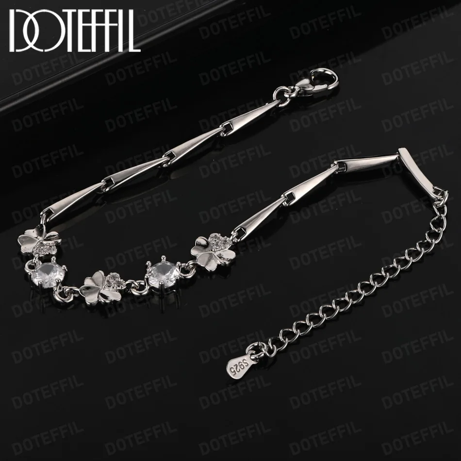 

DOTEFFIL Листья клевера Lucky Heart AAA Цирконовый браслет 20 см Цепочка из стерлингового серебра 925 пробы Женские свадебные украшения для помолвки и вечеринки
