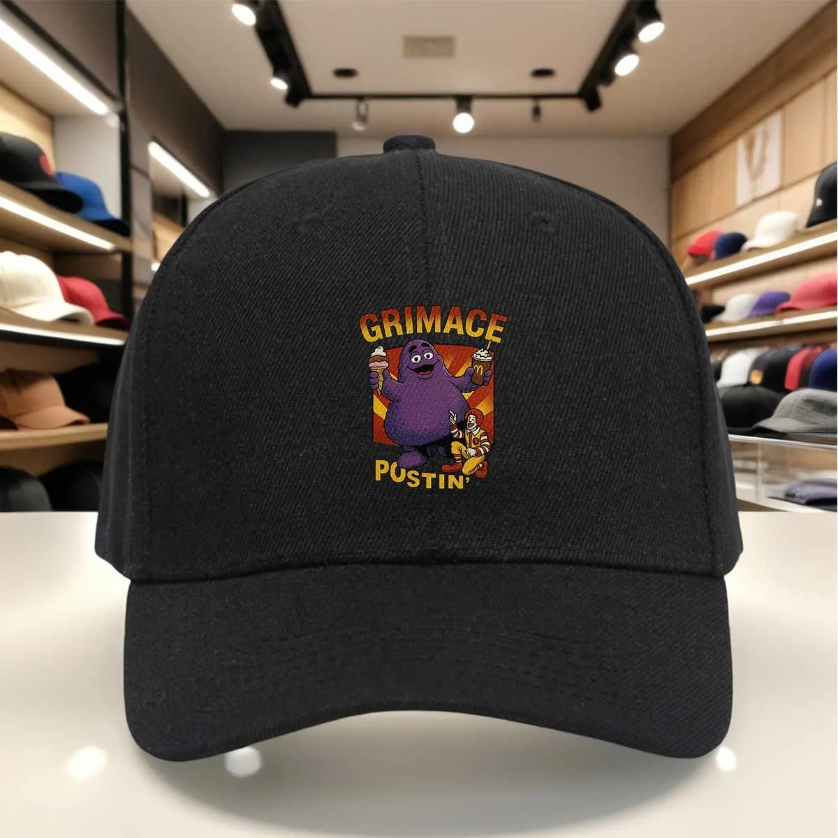 Grimace Postin' Fast Food Mascot Print Baseball Cap, Vibrant Cartoon Style, Adjustable Hat for Casual Wear, Outdoor Fun, and Fan