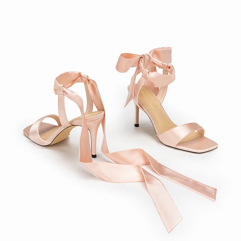 Summer New Style Square Head Silk Strap with Open Toe Strap Bow Fashion Sandals Banquet Dress Stiletto High Heels Women's Shoes