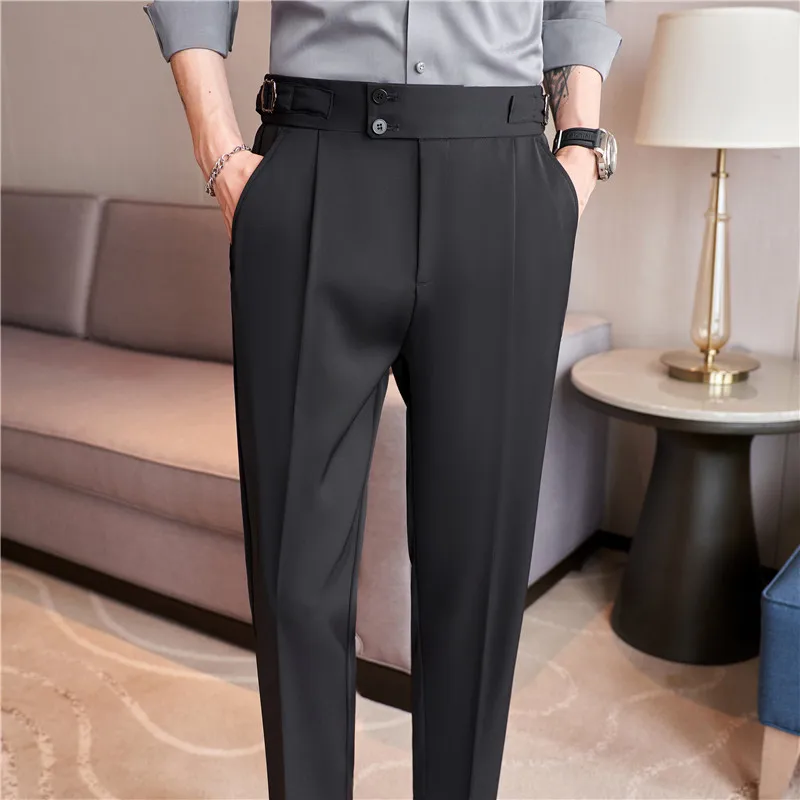 British Style Summer New High Waist Casual Pant Men With Elastic Waistline Design Suit Pants Social Wedding Party Formal Pants