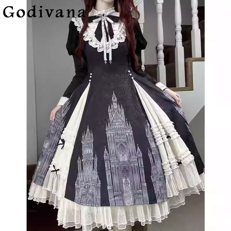 Spring Autumn New Long Sleeve Stand Neck Lace Banquet Lolita Dress Girls Versatile Age Reduction High Waist A-line Party Dresses