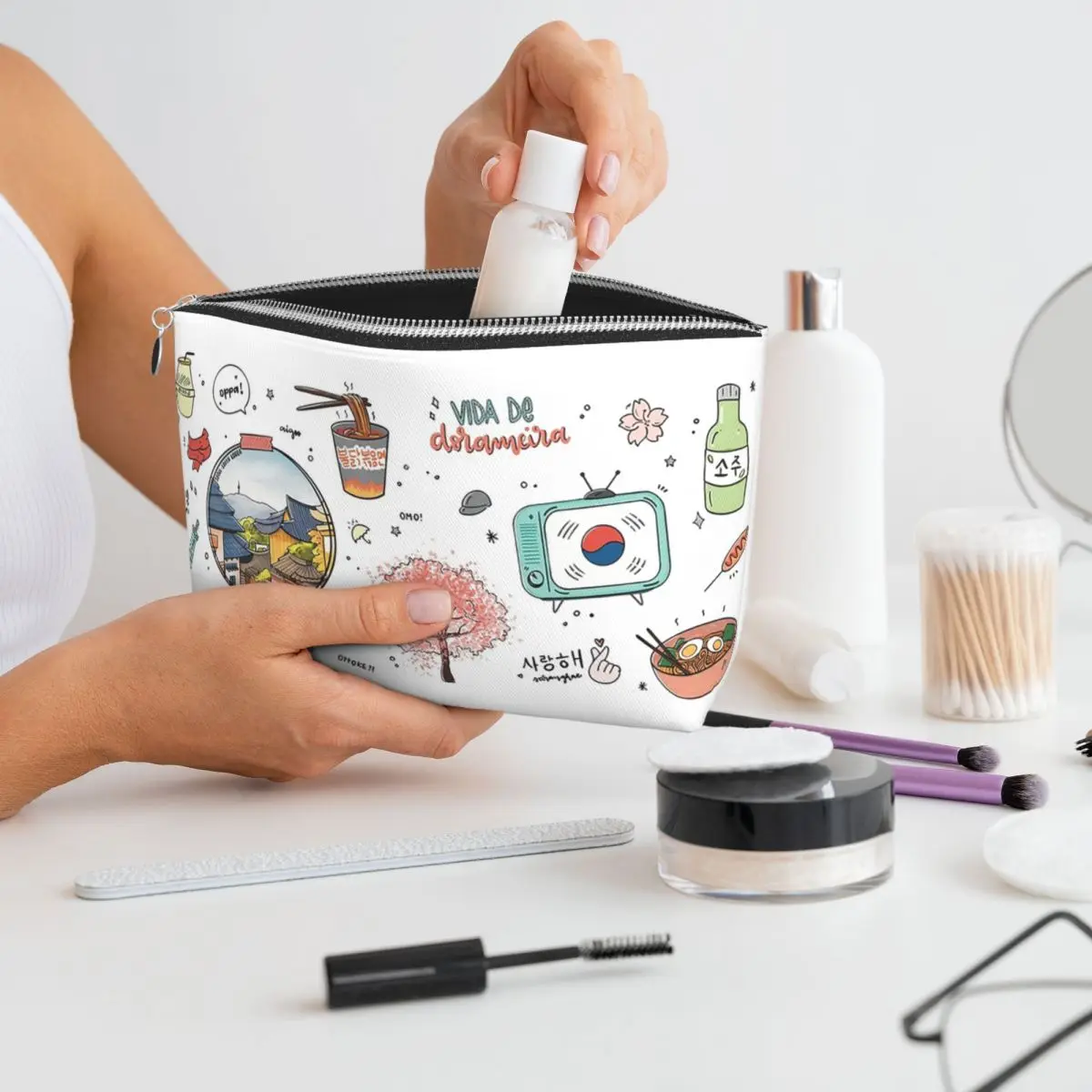 Kdrama Dorama Drama coreano k-drama Soju Corea flor de cerezo mujeres bolsa de cosméticos organizador de maquillaje de viaje bolsa de almacenamiento de artículos de tocador