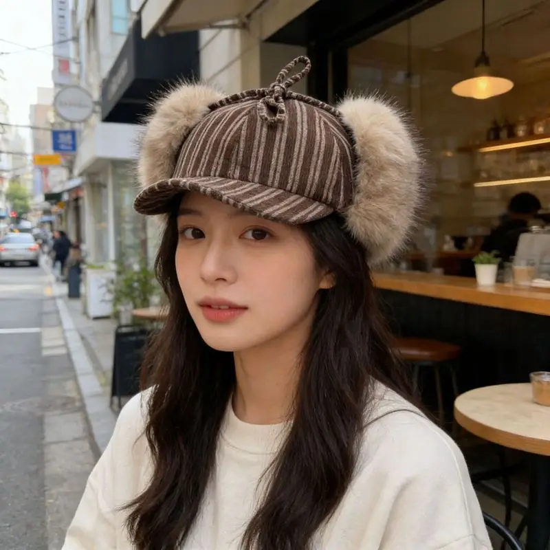 Korean- striped corduroy earflap women, perfect for autumn and winter. This warm, retro-style hat adds a touch of s