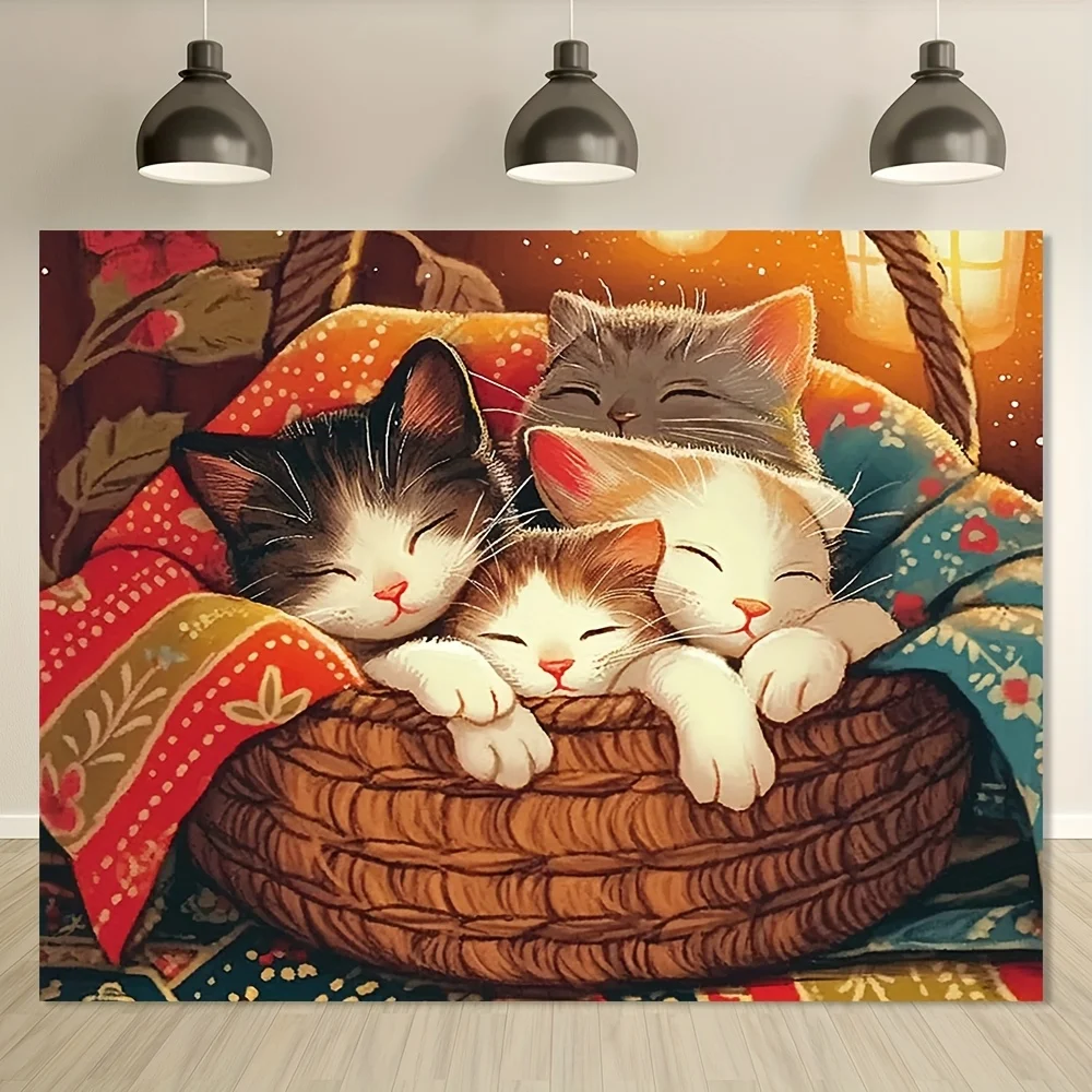 Cute Sleeping Kittens in Basket Warm Cozy Atmosphere Colorful Blankets Soft Lighting Adorable Cat Art Home Decor Wall Hanging