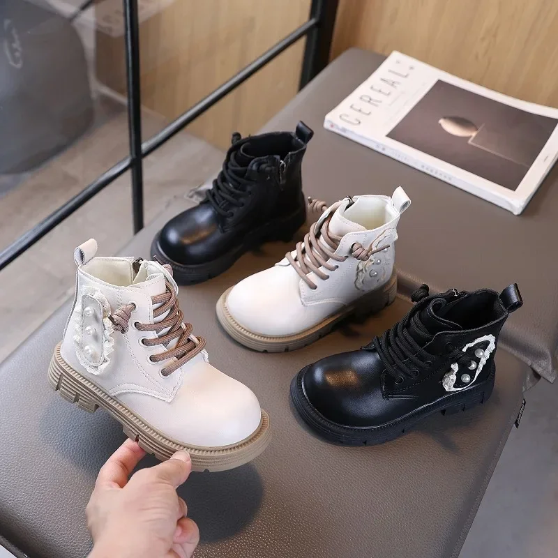 Fashion Kids Motorcycle Boots with Pearl Lace Decor Little Girls Cute Short Boots PU Leather Children Outdoor Shoes Zipper Sweet