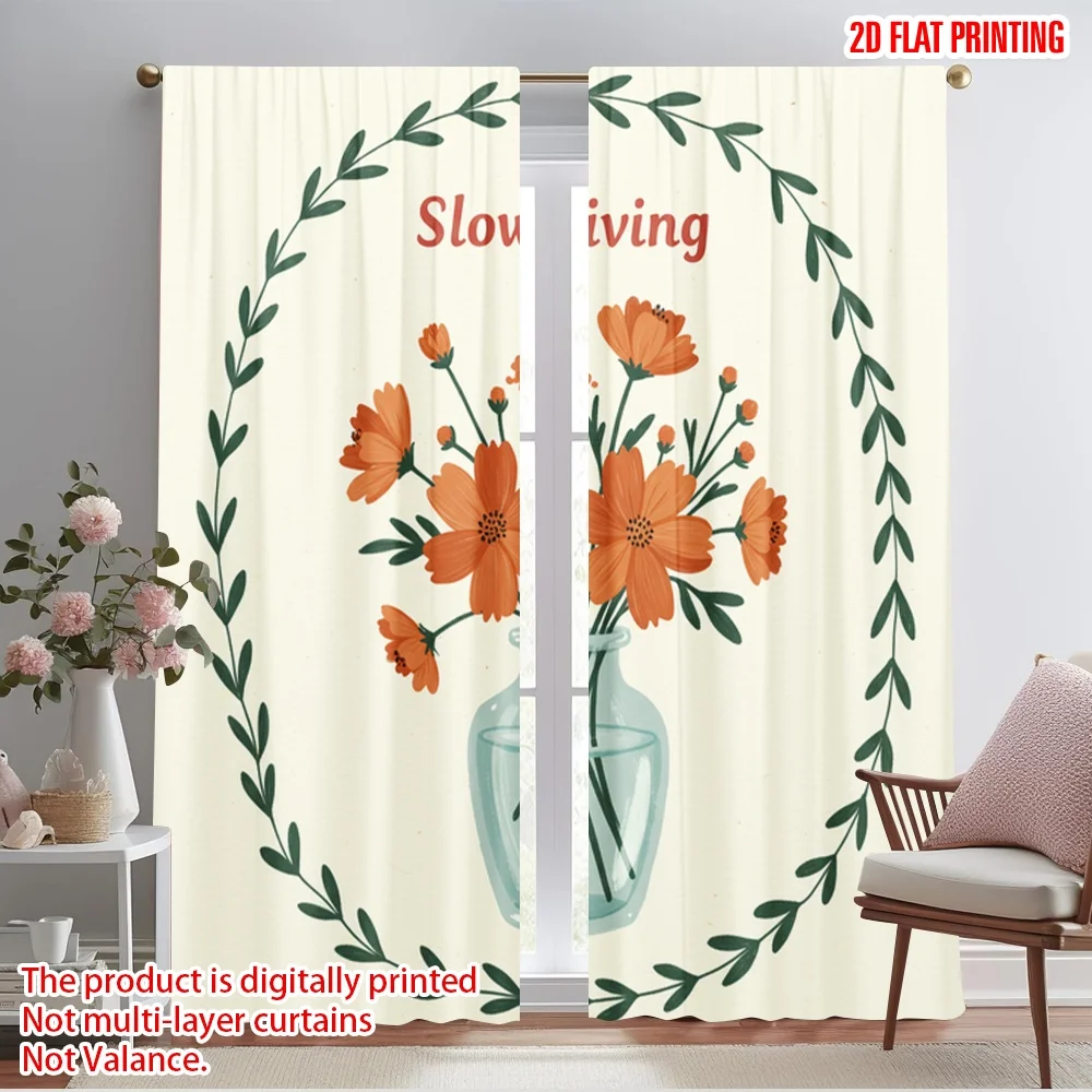 

2pcs 2D flat printing Curtain Orange Flowers Slow Living Vase Polyester Without Electricity All Season Party & Holiday Decor