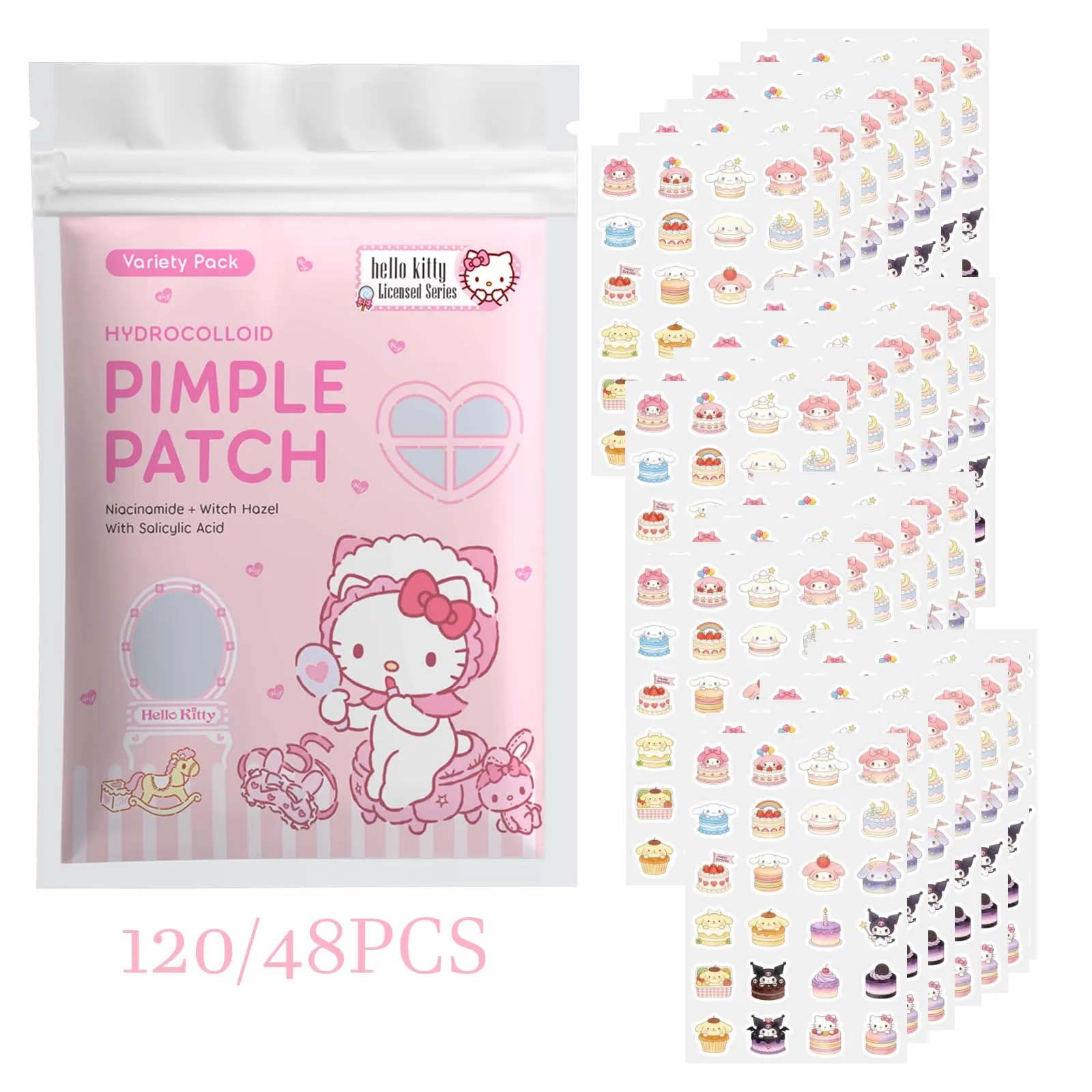 48/120PCS  Kawaii Hello Kitty Zit Cover Patches, Soft Hydrogel Stickers