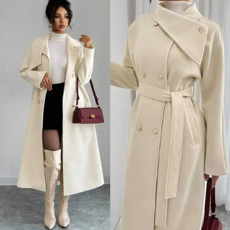 

New Winter Women Overcoat Woolen With Belt Loose Warm Overcoat Outerwear Office Commute Ladies Clothing Customized