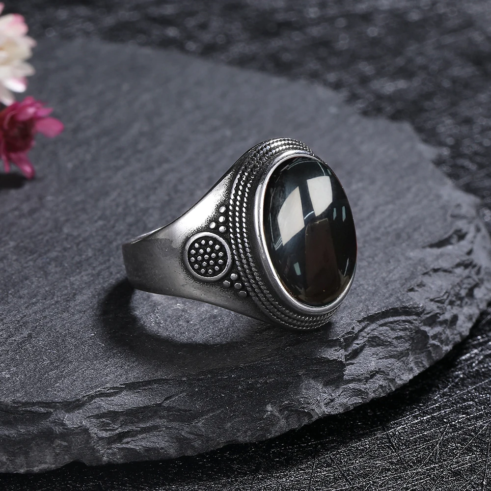 S925 Sterling SilverRing for Women Oval Round Natural Black Agate Ring Gift Sun Shaped Retro Luxury Fine Jewelry