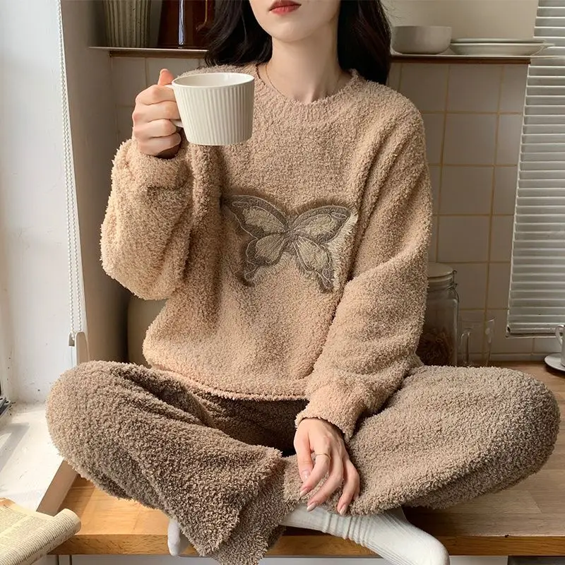 

Women's Coral Fleece Pajama Set Half Pile Fleece Lined Winter Warm Sleepwear Cozy Comfortable Leisure Homewear Autumn