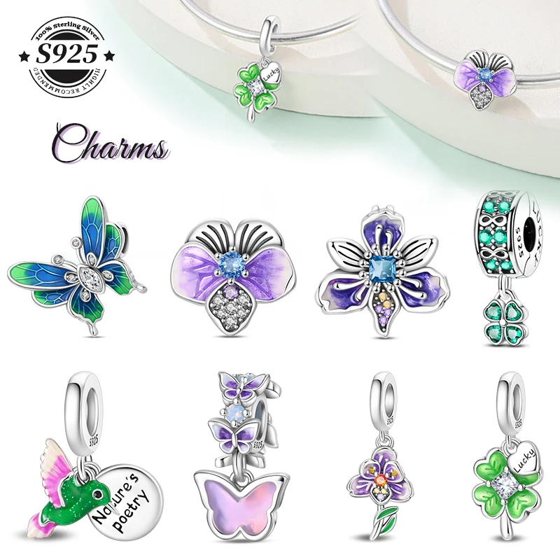 Original 925er Sterlingsilber-Charm-Perlen, lila Stiefmütterchen, glückliches vierblättriges Kleeblatt, Schmetterlings-Anhänger für Armband-Charm-Schmuckherstellung