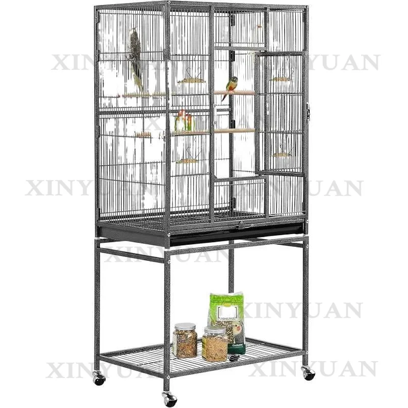 Bird Cage – Black Parrot Cage with Base Frame & Universal Casters | Strong Durable Design + Bird Accessories