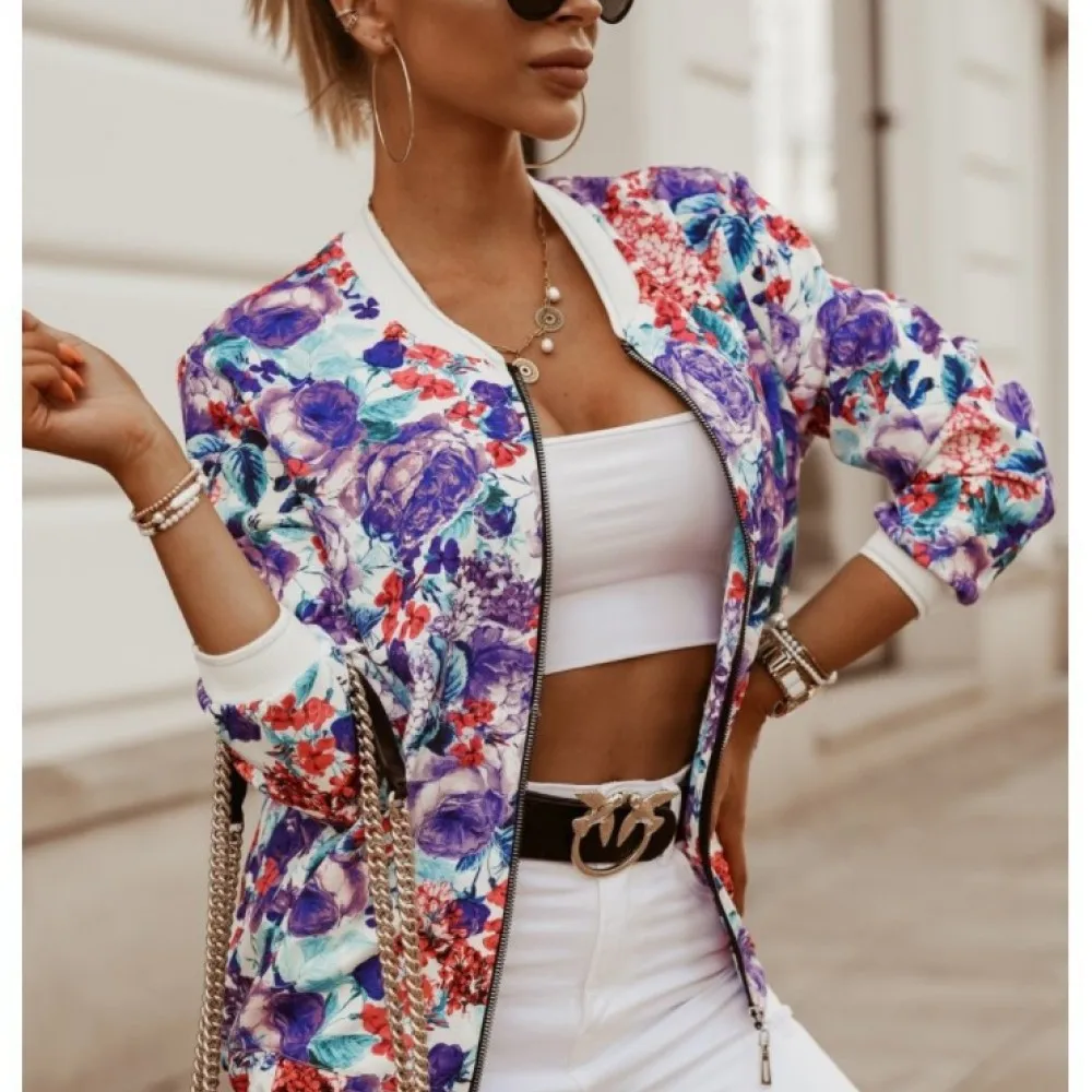 Women Fashion Slim Fit Jacket Autumn Long Sleeve Floral Printed Short Coat Streetwear Casual Zipper Outerwear Tops Purple