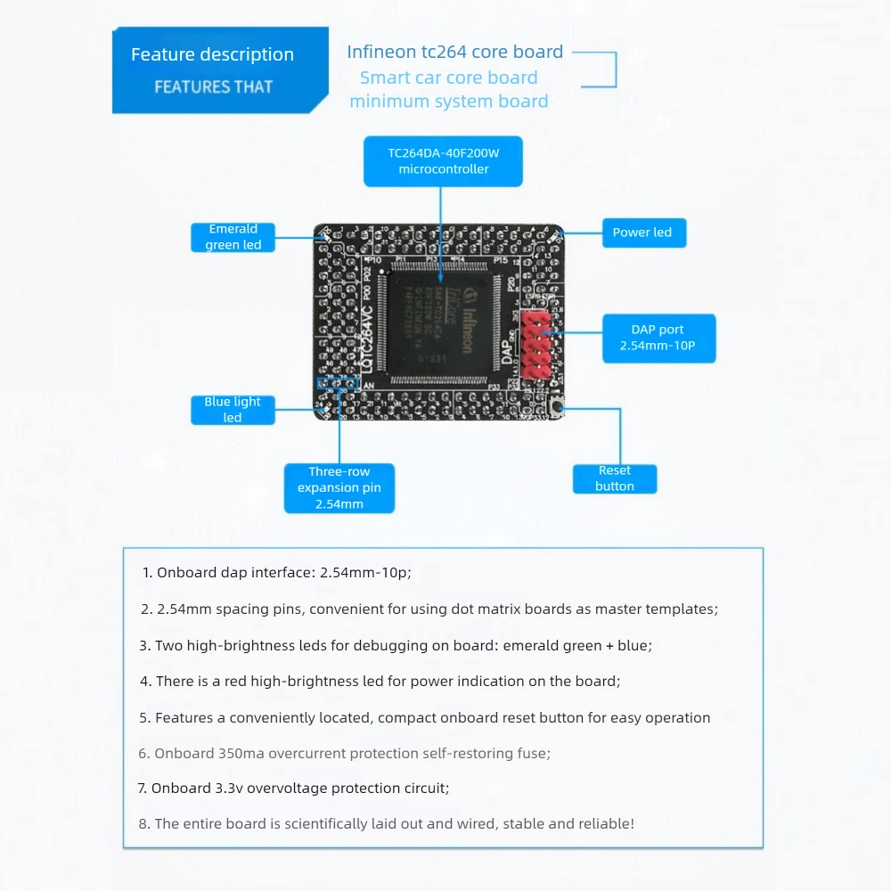TC264D/TC264DA/TC297TX Chip Core Board 3.3V/5V Dual-Core 200Mhz/Triple-Core 300Mhz Chip Board For Smart Car With ECC Protection