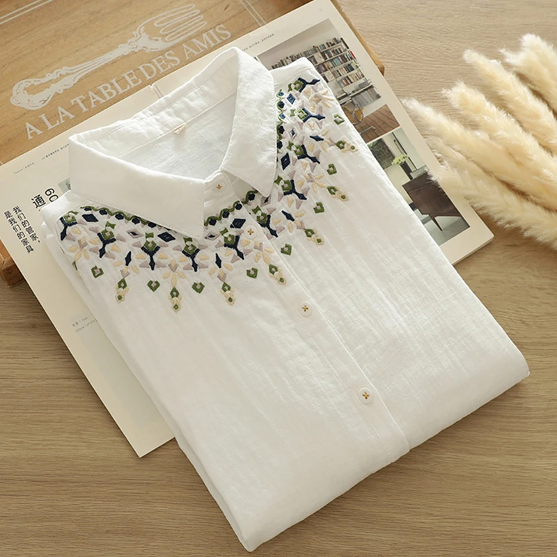 

Spring Autumn Double-layer Cotton Long Sleeved Tops Women Clothing Embroidered Flowers White Shirt Soft Shirts & Blouses U110